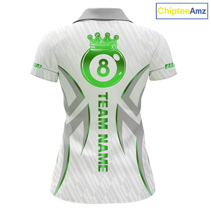 White And Green Custom Crown 8 Ball Women's Billiards Shirts, Billiard Jersey Team Polo & 1/4 Zip TDM6055