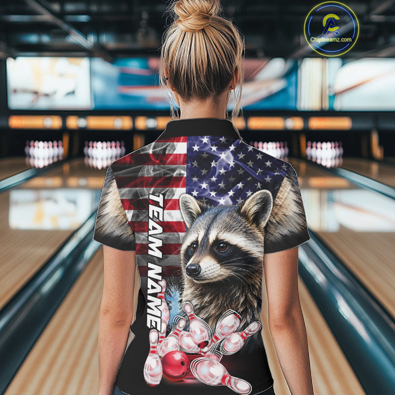 Woman Wearing Smoke American Flag Raccoon Bowling Polo Shirt Back View Patriotic Bowling Team Jersey