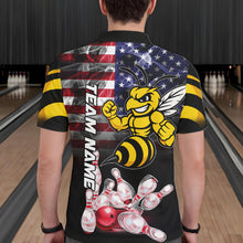Load image into Gallery viewer, Man Wearing Smoke American Flag Funny Bee Bowling Polo Shirt Back View Patriotic Bowling Team Jersey