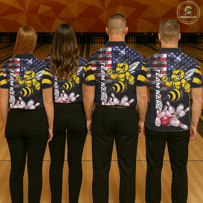 Bowling Team Wearing Smoke American Flag Funny Bee Bowling Polo Shirts Back View