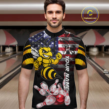 Load image into Gallery viewer, Man Wearing Smoke American Flag Funny Bee Bowling Quarter Zip Shirt Front View Custom Bowling Jersey