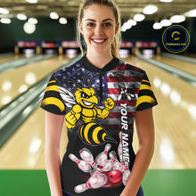 Load image into Gallery viewer, Woman Wearing Smoke American Flag Funny Bee Bowling Quarter Zip Shirt Front View Custom Bowling Jersey