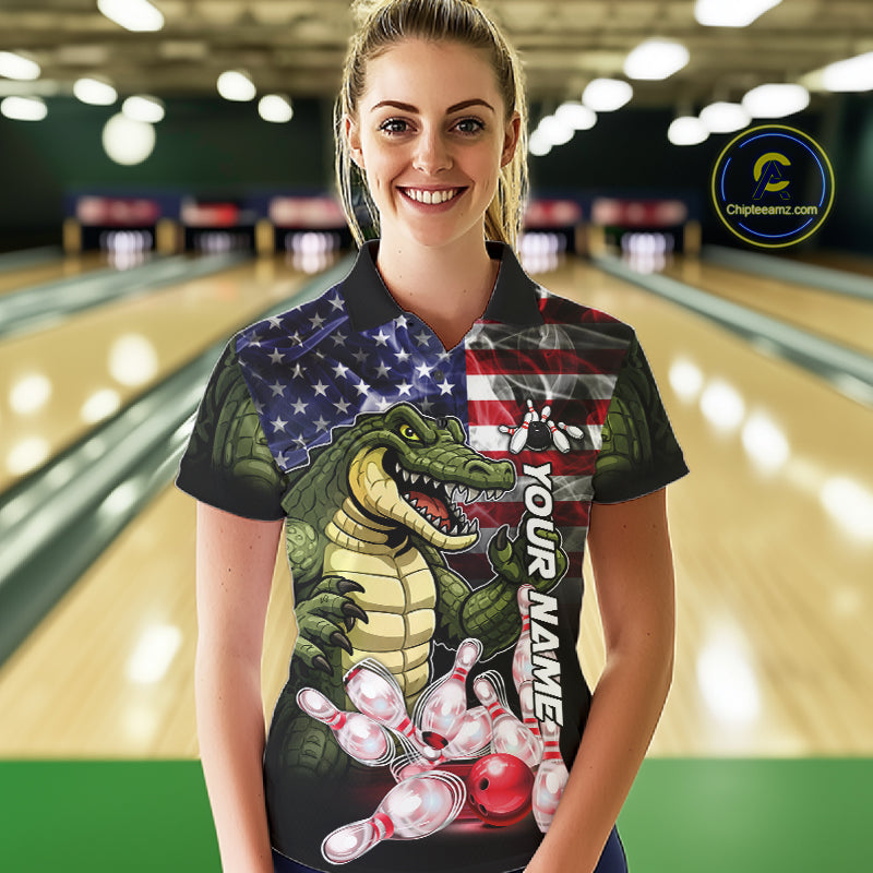Woman Wearing Smoke American Alligator Bowling Polo Shirt Front View Custom Patriotic Bowling Jersey