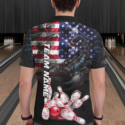Man Wearing Smoke American Flag Scorpion Bowling Polo Shirt Back View Patriotic Bowling Team Jersey