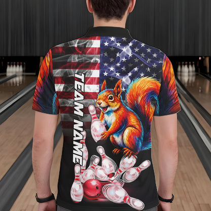 Man Wearing Smoke American Flag Squirrel Bowling Polo Shirt Back View Patriotic Bowling Team Jersey