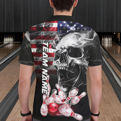 Man Wearing Smoke American Flag Skull Bowling Polo Shirt Back View Patriotic Bowling Team Jersey