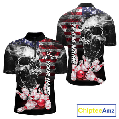 Smoke American Flag Skull Bowling Quarter Zip Shirt For Men Custom Patriotic Bowling Team Jersey