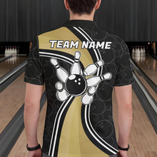 Load image into Gallery viewer, Man Wearing Black And Gold Retro Bowling Polo Shirt Back View Bowling Team Jersey