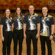 Load image into Gallery viewer, Bowling Team Wearing Black And Gold Retro Bowling Polo Shirts Front View