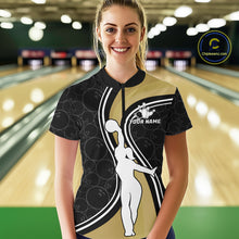 Load image into Gallery viewer, Woman Wearing Black And Gold Retro Bowling Quarter Zip Shirt Front View Custom Bowling Jersey