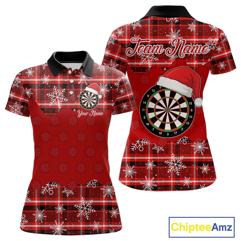 Funny Santa Dartboard Womens Darts Shirt Custom Red Plaid Snowflake Christmas Darts Jerseys Gifts TDM5182