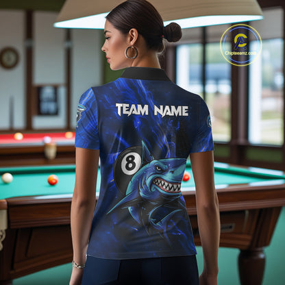 Personalized Blue 8 Ball Shark Billiard Shirt For Women Custom Billiard Team Jersey Polo & 1/4 Zip TDM5192