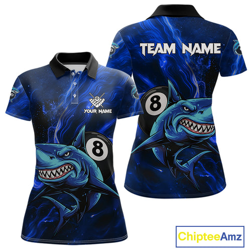 Personalized Blue 8 Ball Shark Billiard Shirt For Women Custom Billiard Team Jersey Polo & 1/4 Zip TDM5192