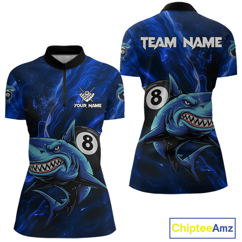Personalized Blue 8 Ball Shark Billiard Shirt For Women Custom Billiard Team Jersey Polo & 1/4 Zip TDM5192