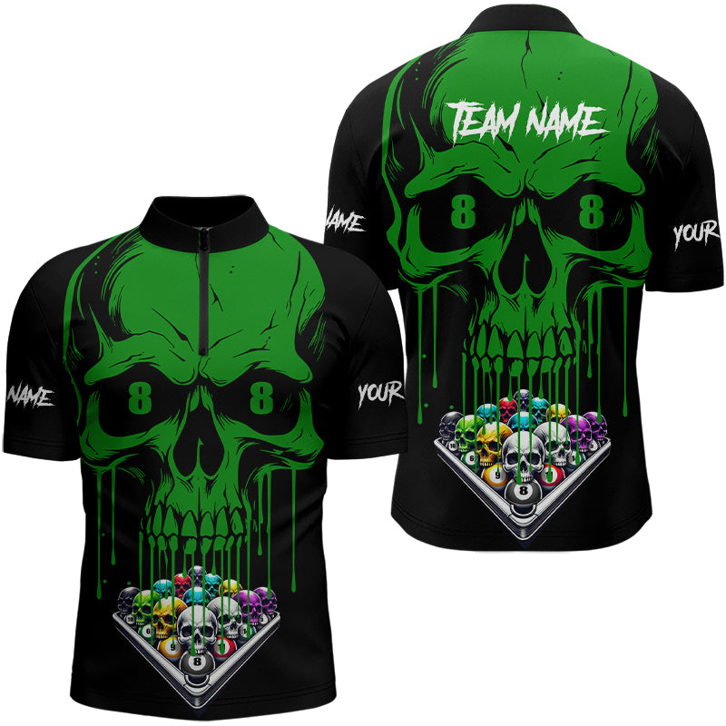 Personalized Green Skull Billiard Balls Funny Pool Shirts For Men Custom Unique Billiard Jerseys TDM3199