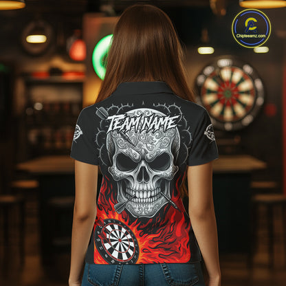 Black And Red Flaming Skull Darts Shirt For Women Custom Darts League Jersey Team Polo & 1/4 Zip TDM5435