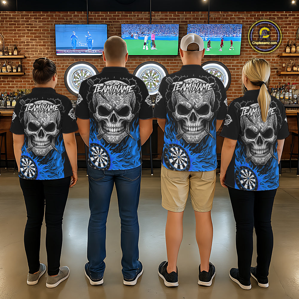 Black And Blue Flaming Skull Darts Shirt For Women Custom Darts League Jersey Team Polo & 1/4 Zip TDM5436