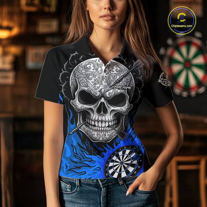 Black And Blue Flaming Skull Darts Shirt For Women Custom Darts League Jersey Team Polo & 1/4 Zip TDM5436