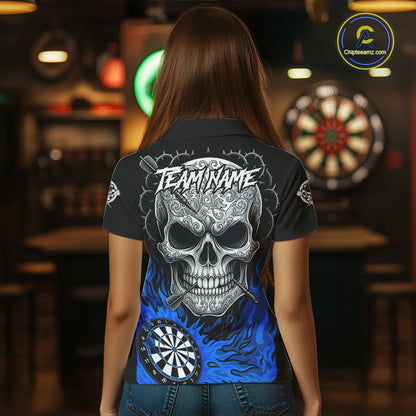 Black And Blue Flaming Skull Darts Shirt For Women Custom Darts League Jersey Team Polo & 1/4 Zip TDM5436