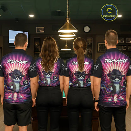Funny Cat 8 Ball Billiard Shirt For Men Custom Neon Graffiti Billiard Jersey Team Polo & 1/4 Zip TDM5444