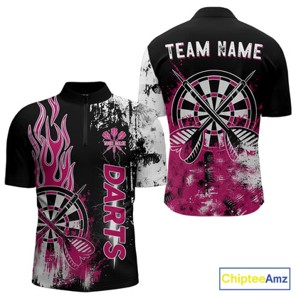 Personalized Pink Grunge Mens Dart Shirts Custom Dart Jerseys Team Polo & 1/4 Zip, Darts Uniform TDM5701