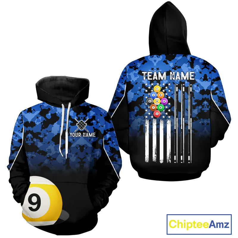 9 Ball Pool Blue Camo Custom Billiard Hoodie For Men And Women, Patriotic US Flag 9 Ball Hoodie TDM5711