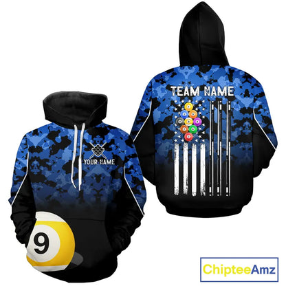9 Ball Pool Blue Camo Custom Billiard Hoodie For Men And Women, Patriotic US Flag 9 Ball Hoodie TDM5711