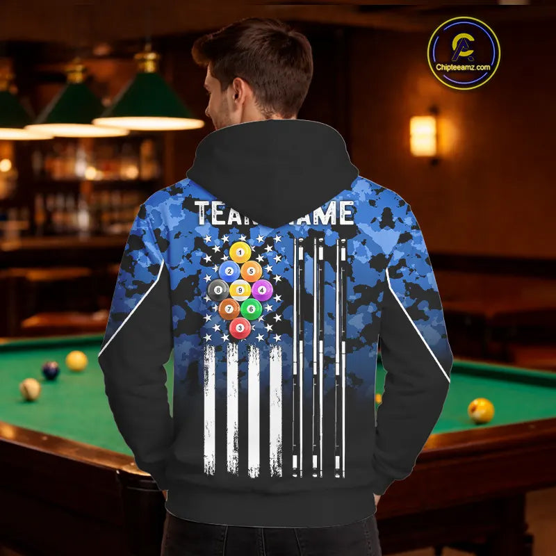 9 Ball Pool Blue Camo Custom Billiard Hoodie For Men And Women, Patriotic US Flag 9 Ball Hoodie TDM5711