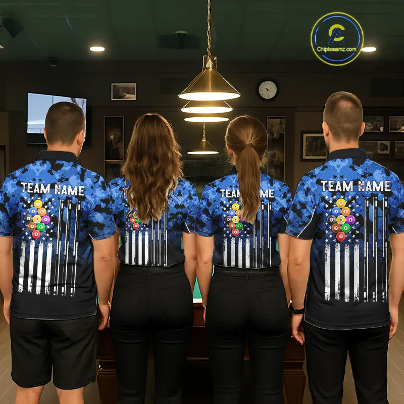 9 Ball Pool Blue Camo Custom Billiard Shirts For Women, Patriotic US Flag Billiard Team Jerseys TDM5711
