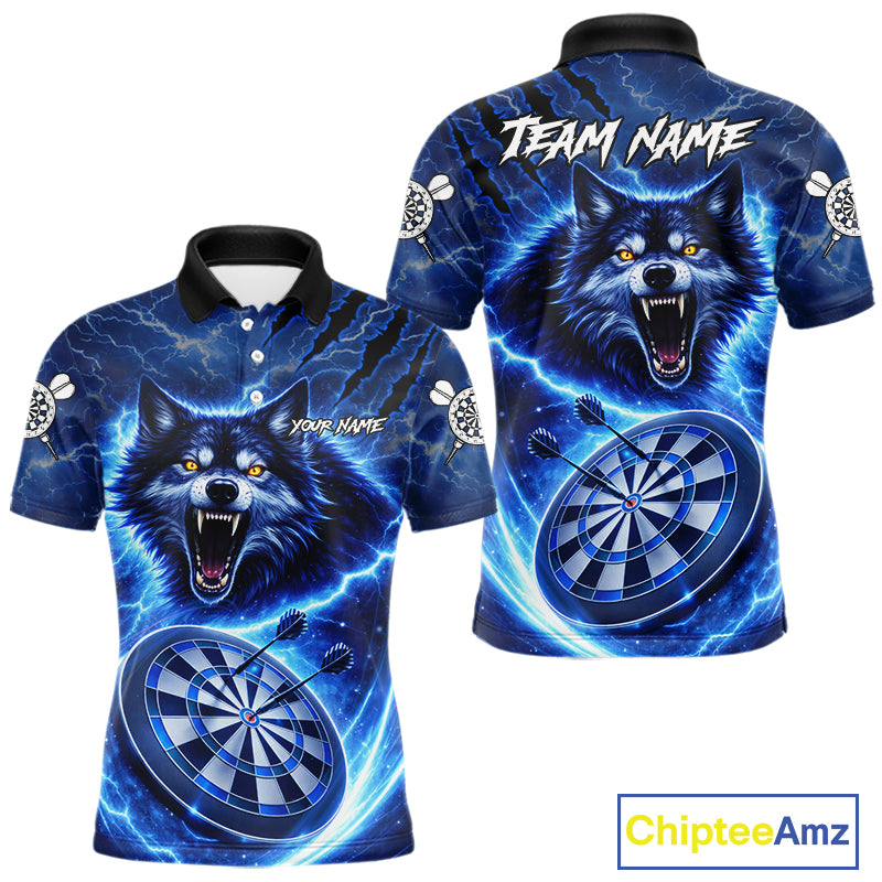Personalized Blue Dartboard Lightning Wolf Darts Shirt For Men, Darts Team Jersey Polo & 1/4 Zip TDM5918
