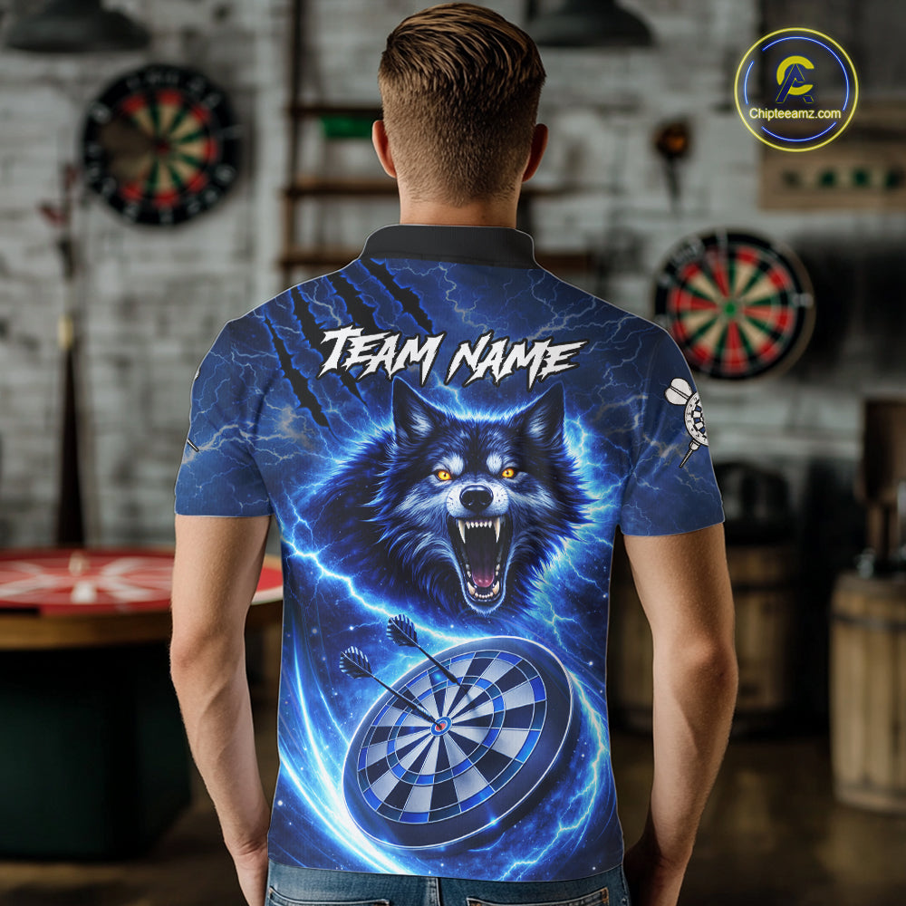 Personalized Blue Dartboard Lightning Wolf Darts Shirt For Men, Darts Team Jersey Polo & 1/4 Zip TDM5918