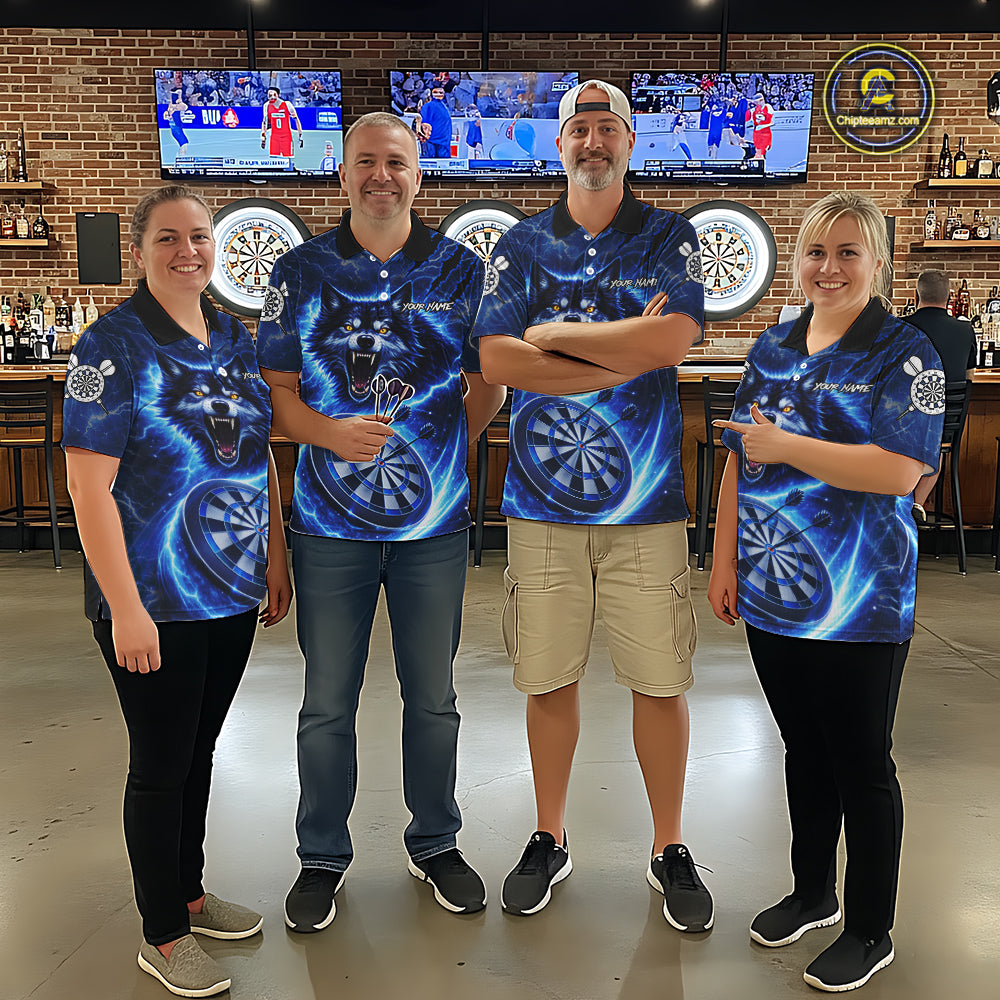 Personalized Blue Dartboard Lightning Wolf Darts Shirt For Men, Darts Team Jersey Polo & 1/4 Zip TDM5918