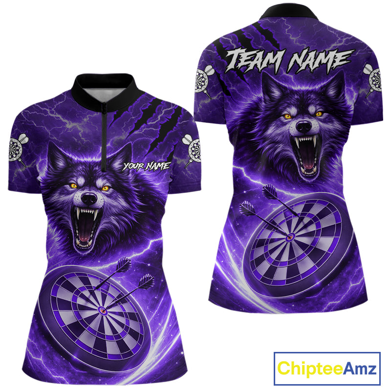 Personalized Purple Dartboard Lightning Wolf Darts Shirt For Women, Darts Team Jersey Polo & 1/4 Zip TDM5919