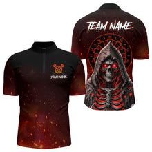 Load image into Gallery viewer, Red And Black Glowing Fire Grim Reaper Dart Shirts For Men Custom Dart Jerseys Polo &amp; 1/4 Zip TDM3712
