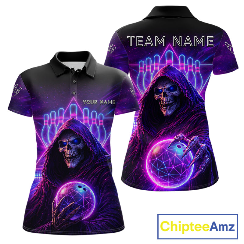 Custom Neon Grim Reaper Bowling Polo & 1/4 Zip Shirts For Women, Bowling Team Jersey Uniform TDM6317