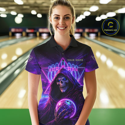 Custom Neon Grim Reaper Bowling Polo & 1/4 Zip Shirts For Women, Bowling Team Jersey Uniform TDM6317