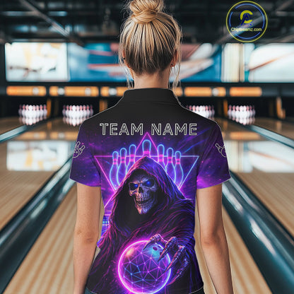 Custom Neon Grim Reaper Bowling Polo & 1/4 Zip Shirts For Women, Bowling Team Jersey Uniform TDM6317