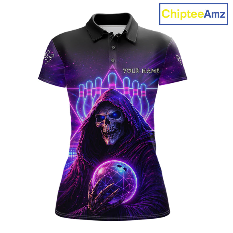 Custom Neon Grim Reaper Bowling Polo & 1/4 Zip Shirts For Women, Bowling Team Jersey Uniform TDM6317