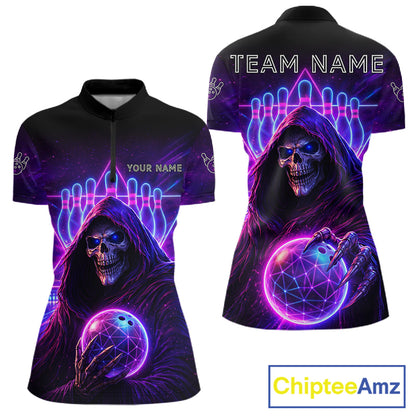 Custom Neon Grim Reaper Bowling Polo & 1/4 Zip Shirts For Women, Bowling Team Jersey Uniform TDM6317