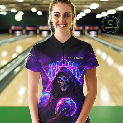 Custom Neon Grim Reaper Bowling Polo & 1/4 Zip Shirts For Women, Bowling Team Jersey Uniform TDM6317