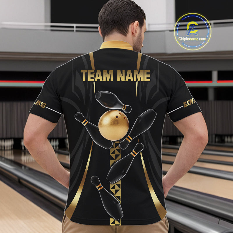 Custom Black And Gold Bowling Shirt For Men, Bowling Tournament Team Jersey Polo & 1/4 Zip TDM6318