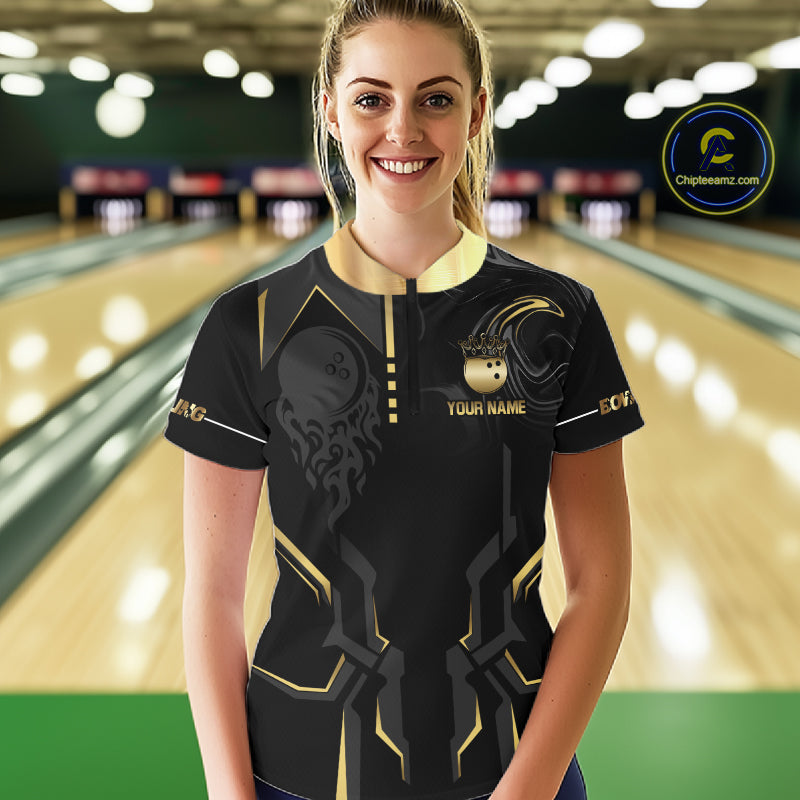 Custom Black And Gold Bowling Shirt For Women, Bowling Tournament Team Jersey Polo & 1/4 Zip TDM6318