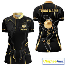 Load image into Gallery viewer, Custom Black And Gold Bowling Shirt For Women, Bowling Tournament Team Jersey Polo &amp; 1/4 Zip TDM6318