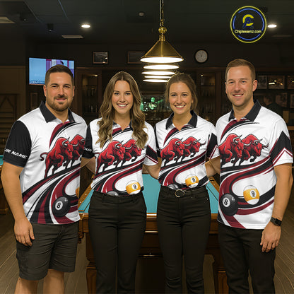 Custom Red 8 Ball & 9 Ball Pool Bull Billiard Shirt For Men, Billiard Team Jersey Polo & 1/4 Zip TDM6493