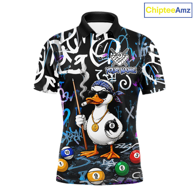 Colorful Graffiti Funny Duck 8 Ball Billiard Shirt For Men Custom Pool Team Jersey Polo & 1/4 Zip TDM6497