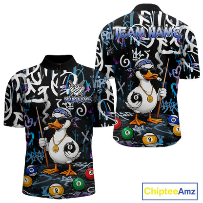 Colorful Graffiti Funny Duck 8 Ball Billiard Shirt For Men Custom Pool Team Jersey Polo & 1/4 Zip TDM6497