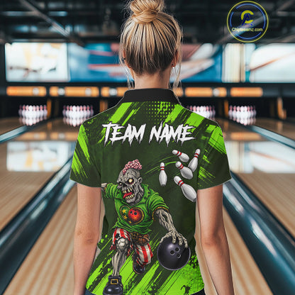 Custom Green Funny Zombie Bowling Shirt For Women, Bowling Team League Jersey Polo & Quarter Zip TDM6498