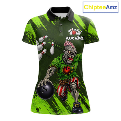 Custom Green Funny Zombie Bowling Shirt For Women, Bowling Team League Jersey Polo & Quarter Zip TDM6498