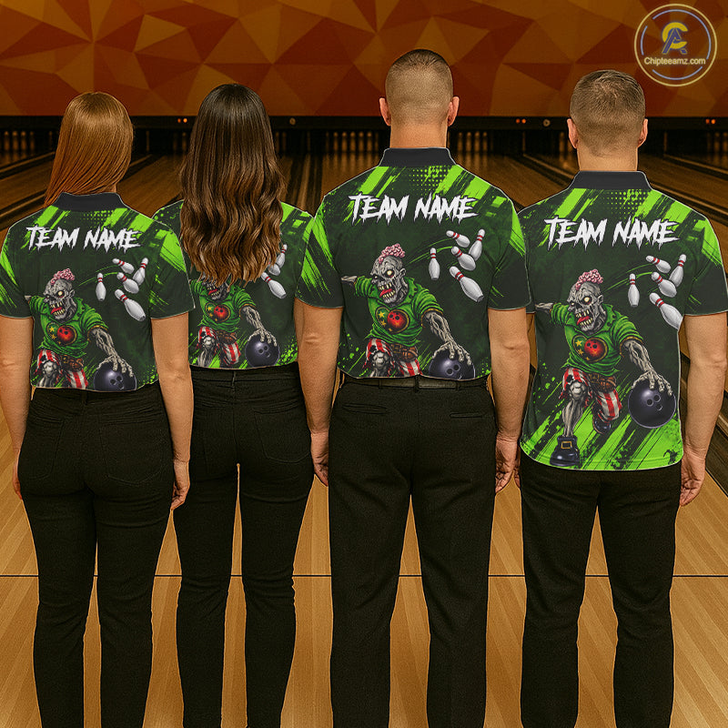Custom Green Funny Zombie Bowling Shirt For Women, Bowling Team League Jersey Polo & Quarter Zip TDM6498
