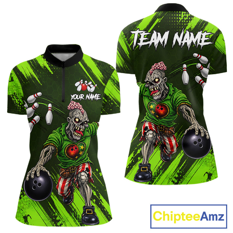Custom Green Funny Zombie Bowling Shirt For Women, Bowling Team League Jersey Polo & Quarter Zip TDM6498